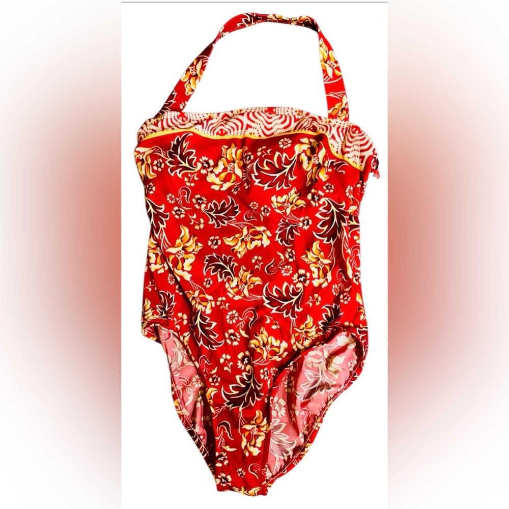 NWT Jantzen Swimsuit size 16 halter back cutout full coverage red floral